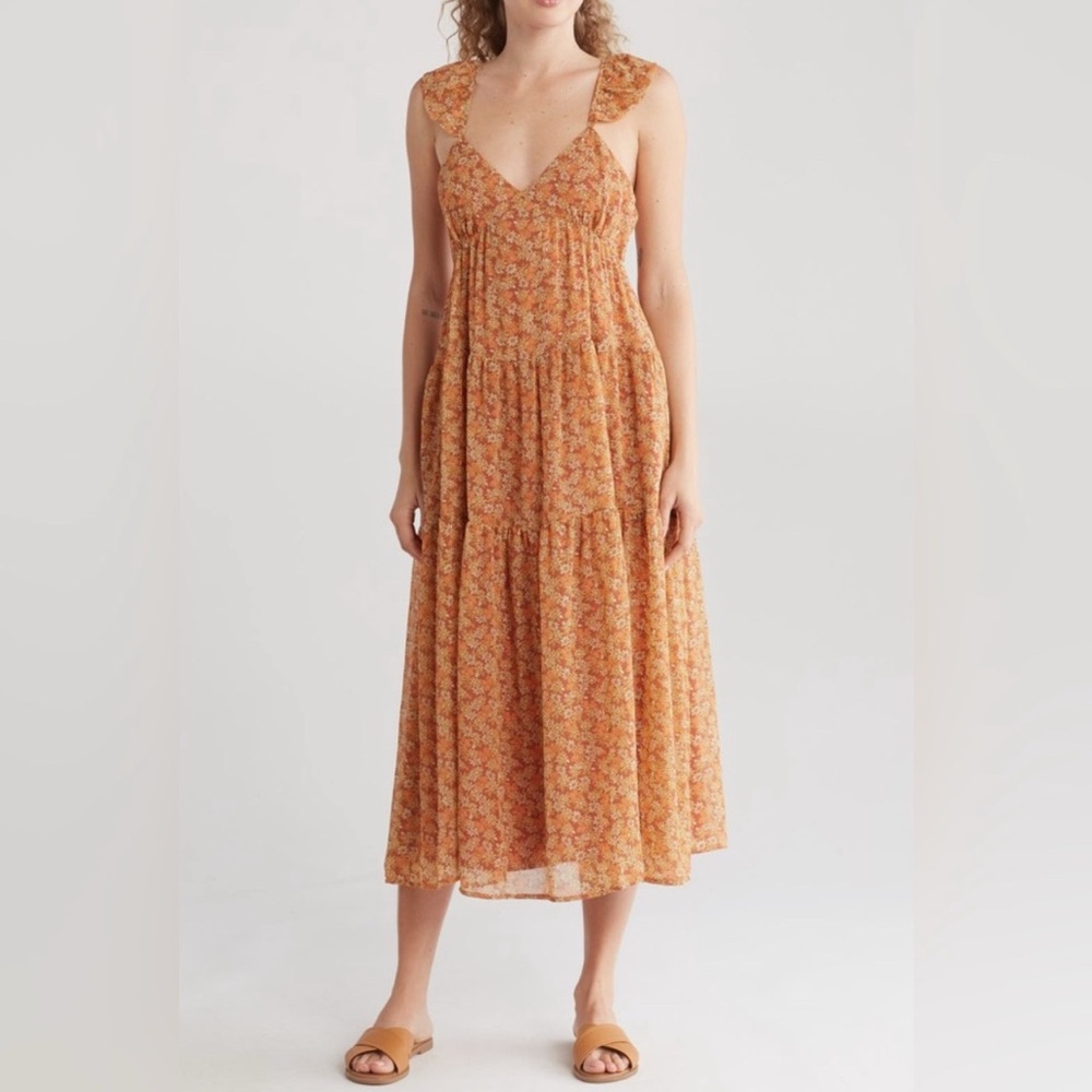 Madewell Pocketed Floral Georgette Ruffle Sleeve Tiered Orange Midi Dress Sz:10‎